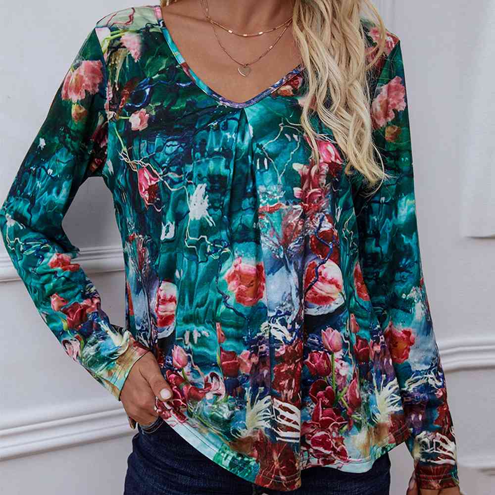 Blusa estampada de manga larga con cuello en V