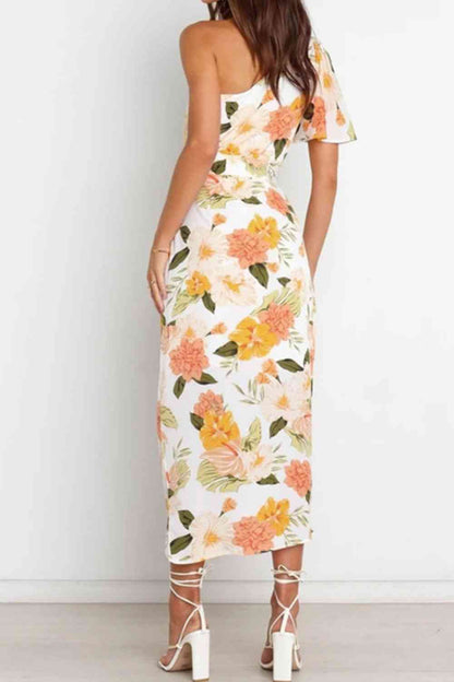 Floral One-Shoulder Tied Tulip Hem Dress