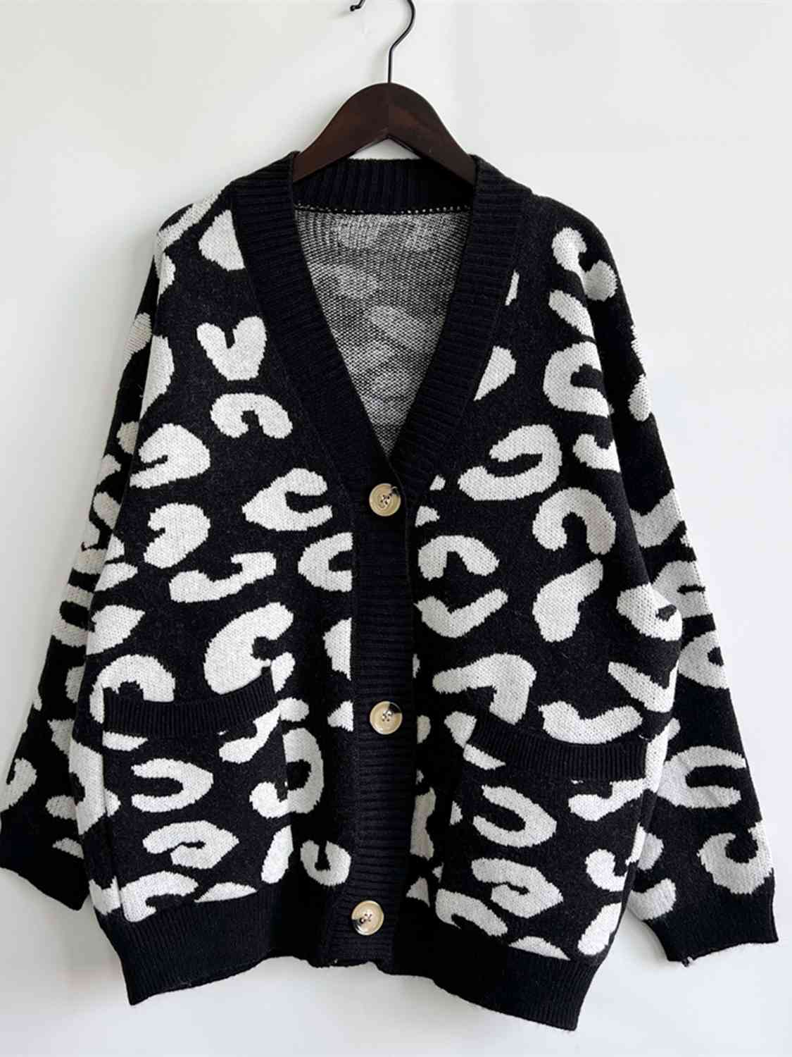 Leopard Button Front Cardigan with Pockets
