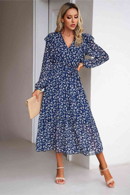 Robe midi à manches ballon et col surplis