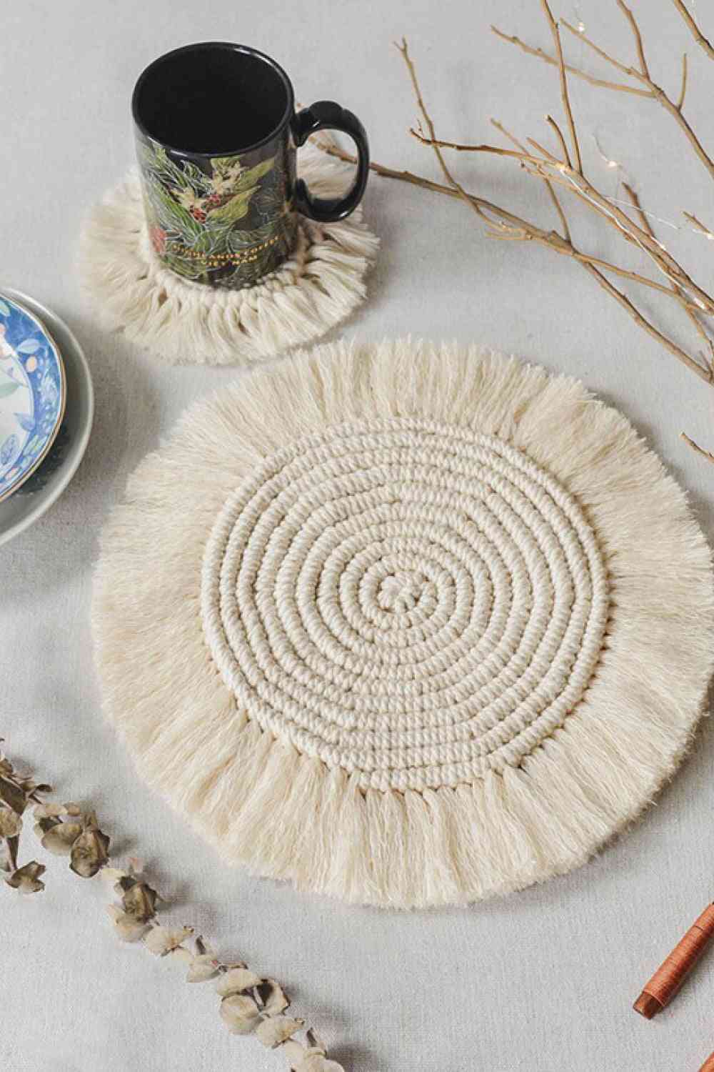 Tapis de tasse rond en macramé de 11,8 po