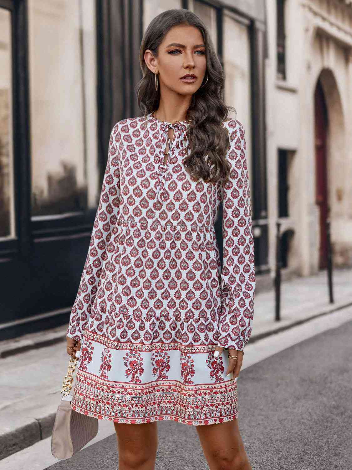 Printed Tie Neck Long Sleeve Dress