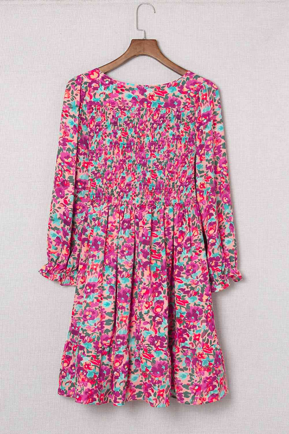 Floral Smocked V-Neck Flounce Sleeve Dress