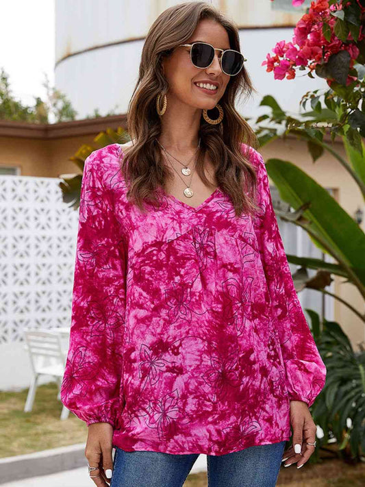 V-Neck balloon Sleeve Floral Blouse