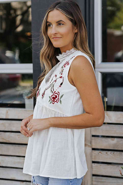 Embroidered Mock Neck Babydoll Tank