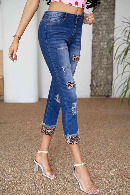 Baeful Leopard Patch Distressed Cropped Jeans