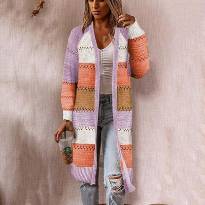 Color Block Open Front Openwork Cardigan