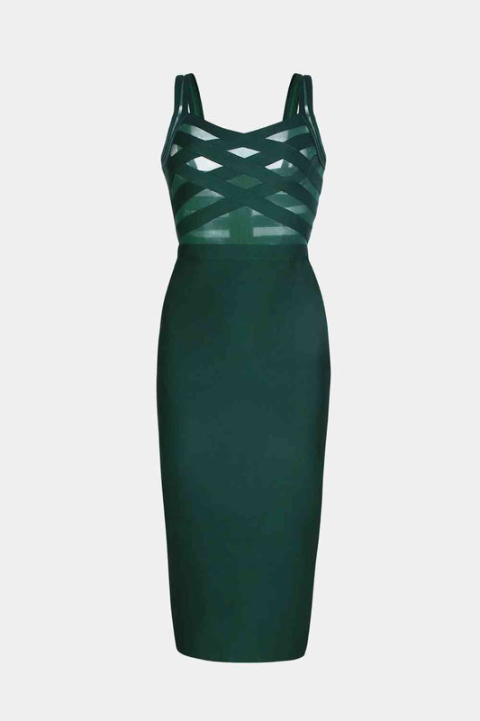 Vestido midi ajustado sin mangas con malla empalmada