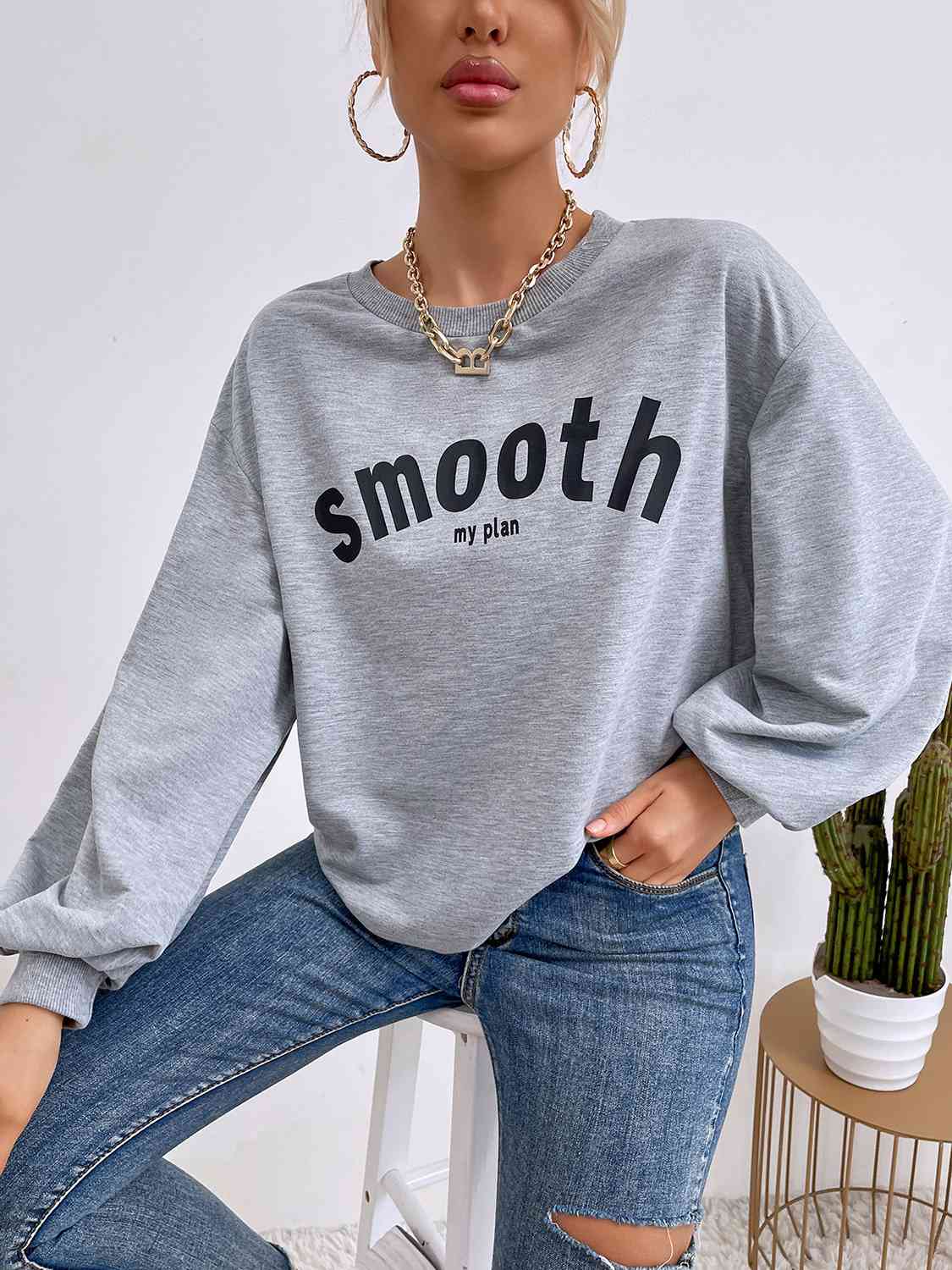 Sudadera con gráfico SMOOTH MY PLAN de manga larga y cuello redondo