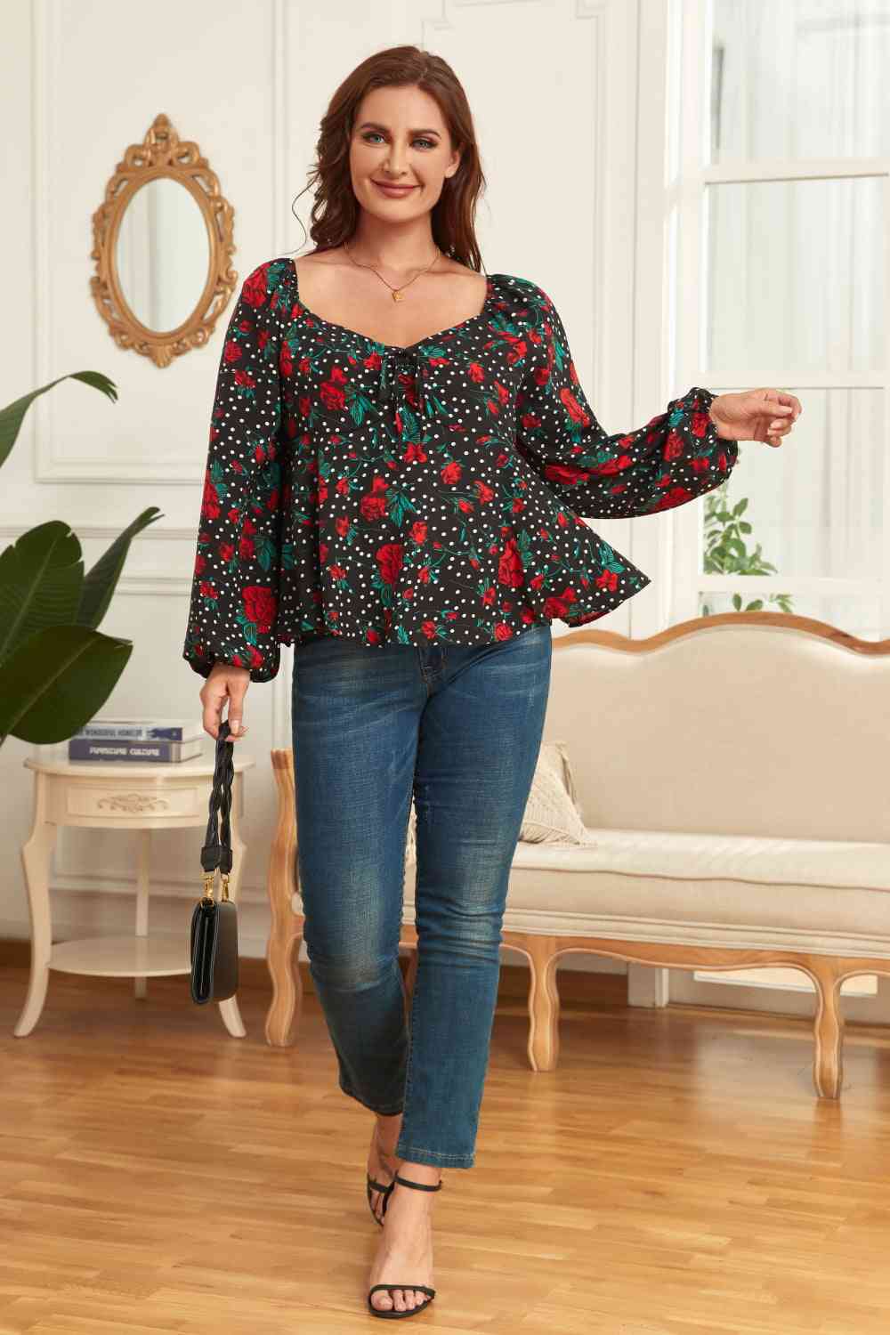 Melo Apparel Blouse florale à manches ballon grande taille