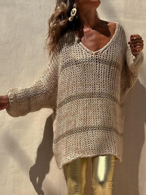 Openwork V-Neck Long Sleeve Sweater