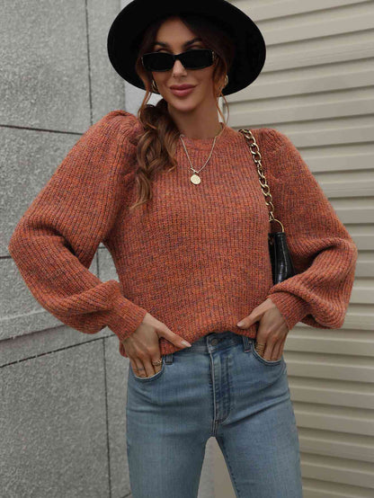 Woven Right Heathered Long Lantern Sleeve Rib-Knit Sweater