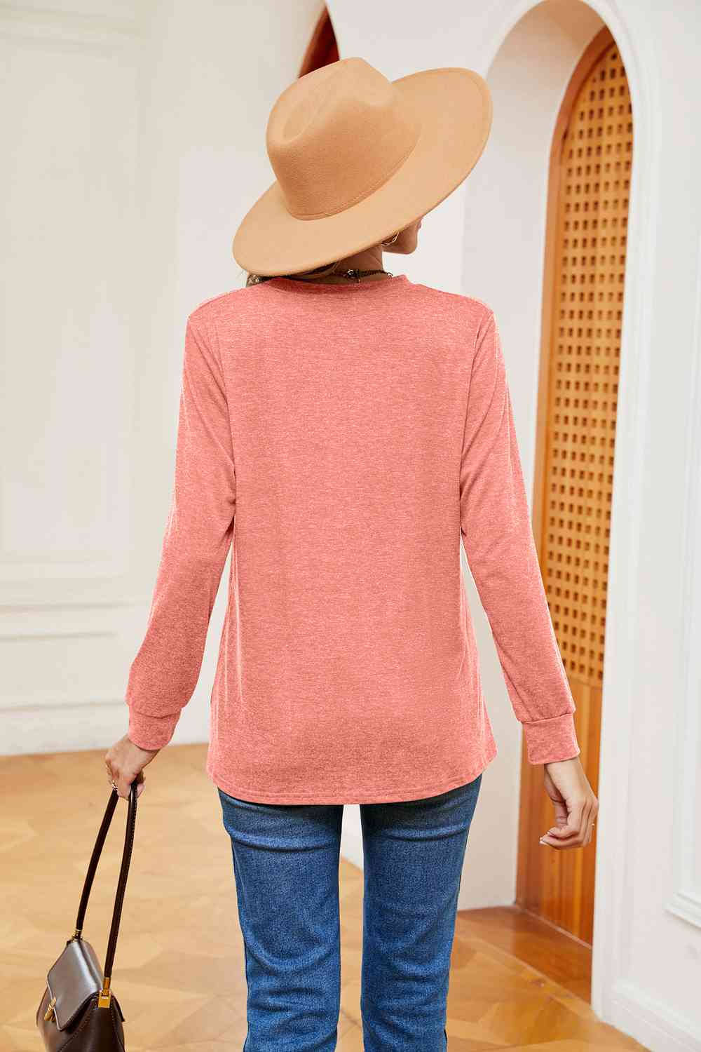 Buttoned Notched Neck Long Sleeve Top