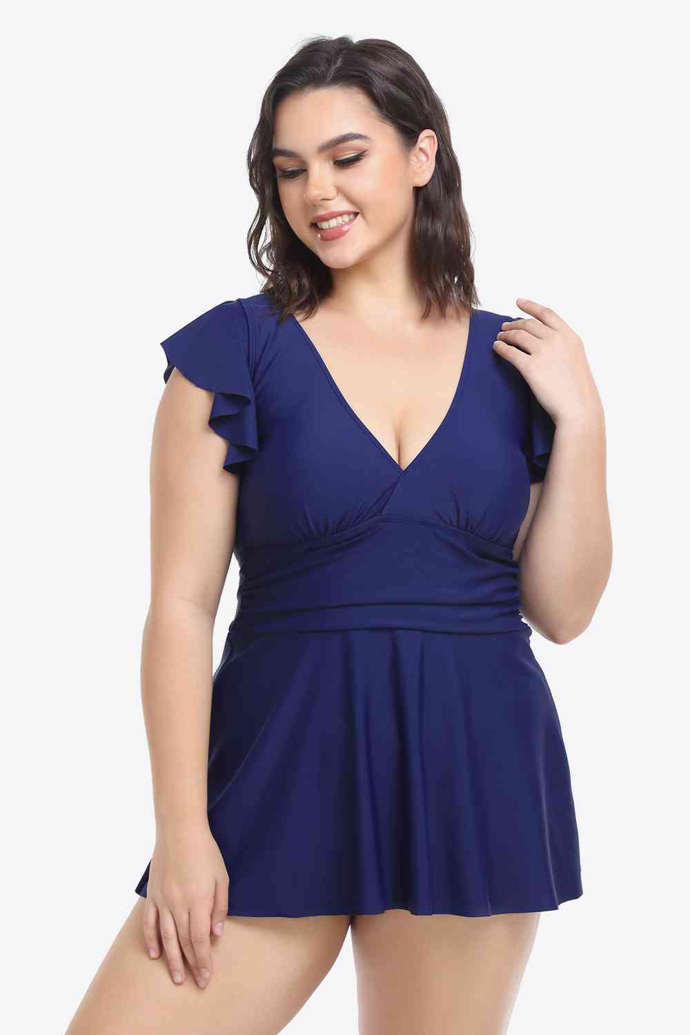 Plus Size Ruffled Plunge Swim Dress and Bottoms Set