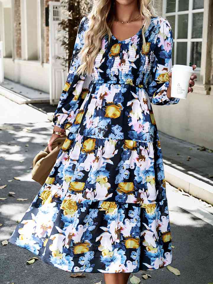 Robe midi smockée à imprimé floral