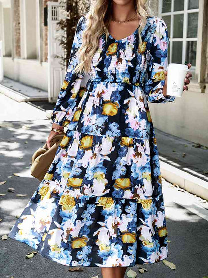 Robe midi smockée à imprimé floral