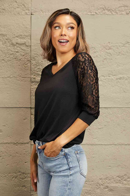 Double Take V-Neck Spliced Lace Raglan Sleeve Top