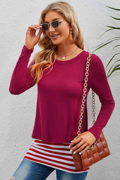 Full Size Striped Faux Layered Long Sleeve Top