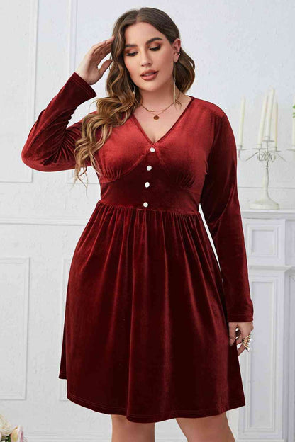 Melo Apparel Robe de Grande Taille à Col en V et Boutons Décoratifs Longueur Genou