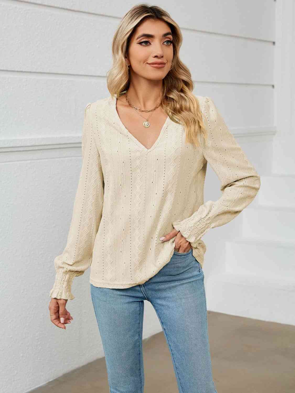 V-Neck Puff Sleeve Blouse