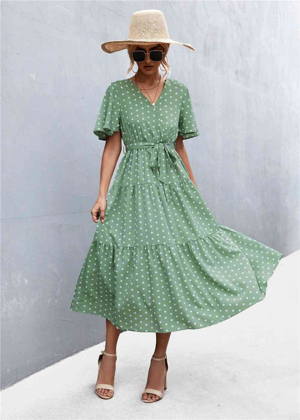 Printed V-Neck Flutter Sleeve Belted Dress