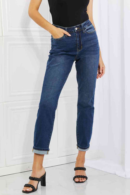 Judy Blue Crystal Full Size High Waisted Cuffed Boyfriend Jeans