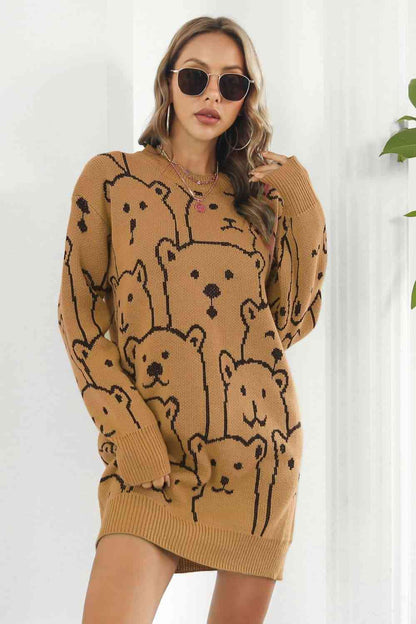 Vestido tipo suéter con cuello redondo y estampado de oso