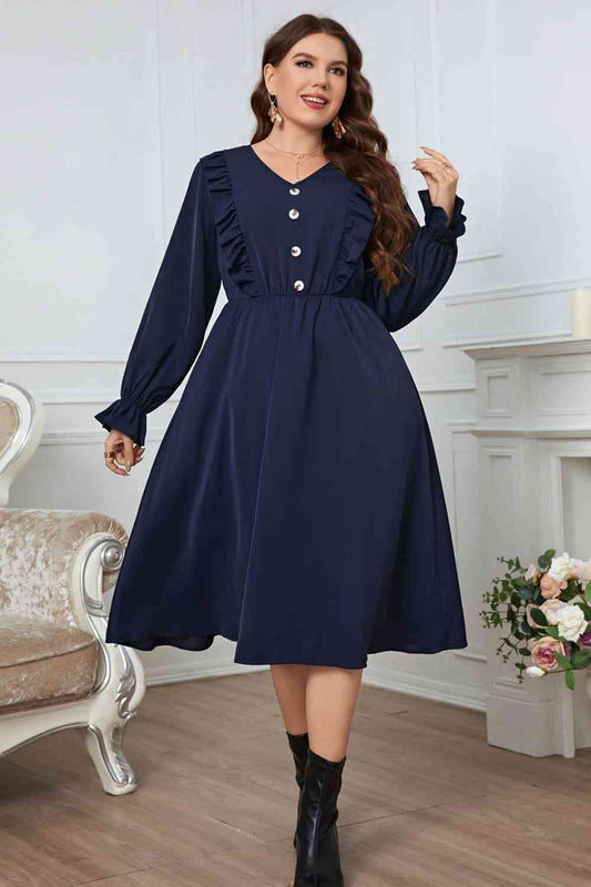 Melo Apparel Plus Size V-Neck Buttoned Flounce Sleeve Dress