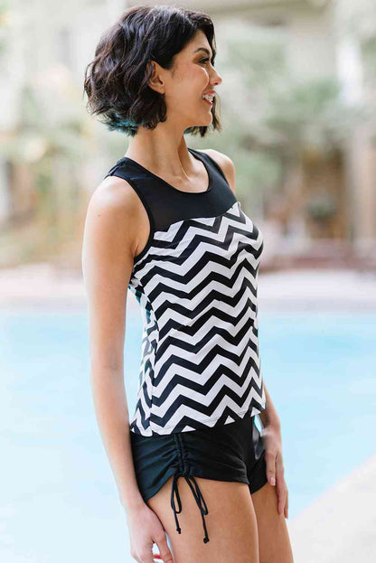 Full Size Chevron Print Ruched Tankini Set