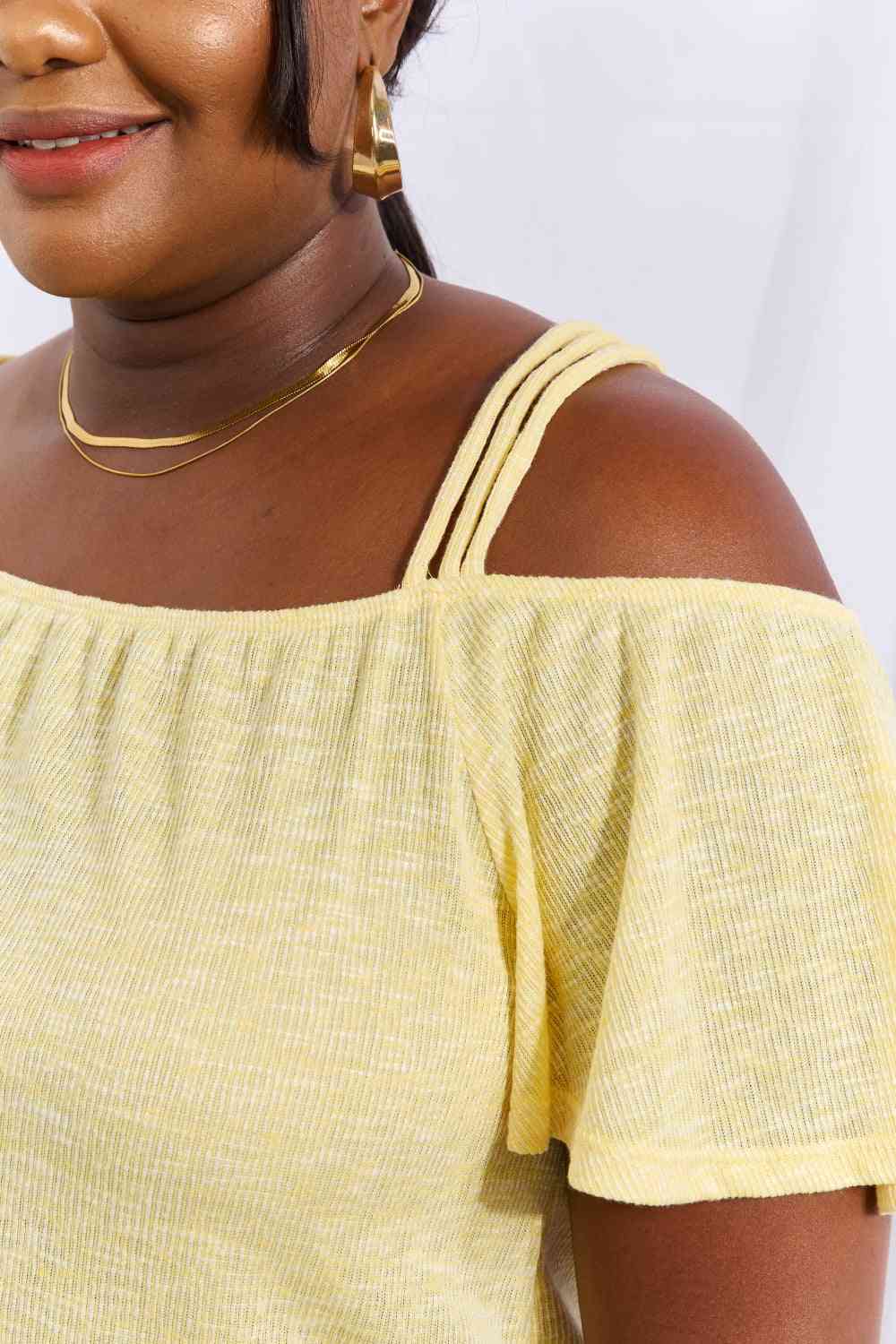 Culture Code On The Move Full Size Off The Shoulder Flare Sleeve Top in Sand Yellow