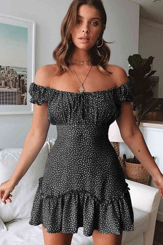 Printed Off-Shoulder Ruffle Hem Dress