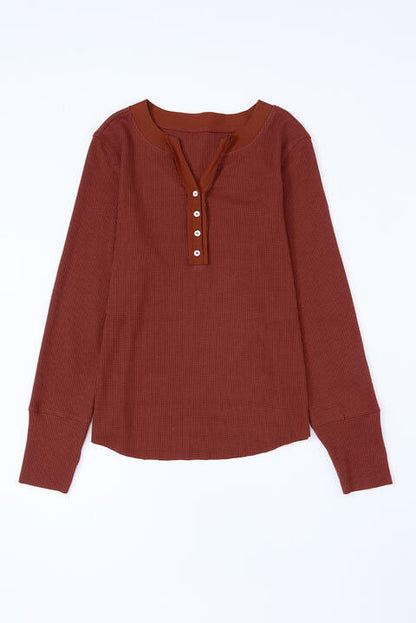 Waffle Knit Buttoned Notched Neck Long Sleeve T-Shirt