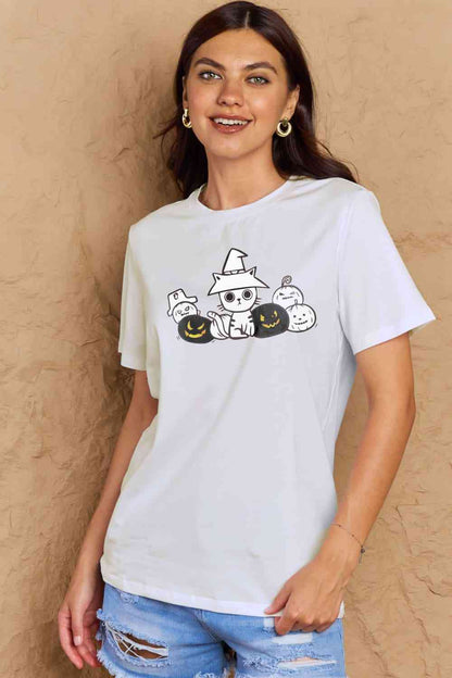 Simply Love T-shirt en coton avec motif chat et citrouille pleine taille