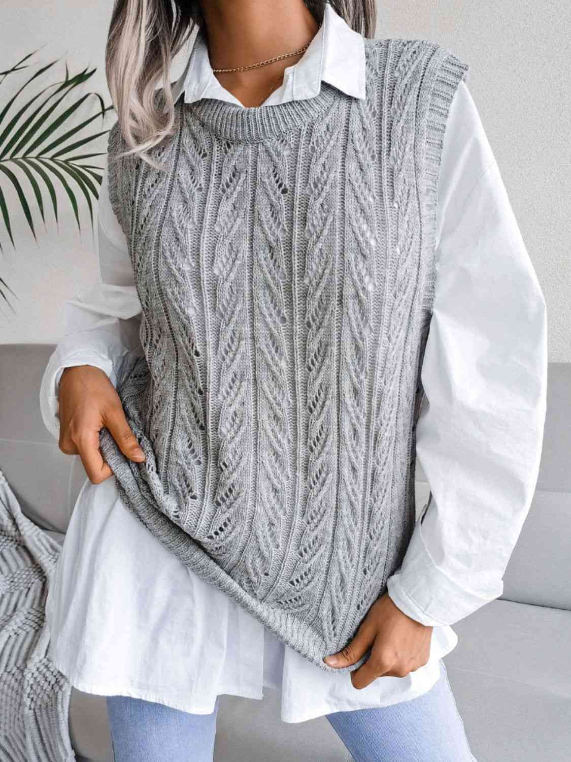 Gilet pull ajouré à col rond et manches courtes