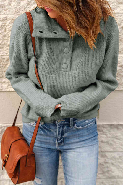 Double Take Half Button Dropped Shoulder Ribbed Sweater