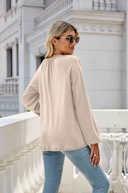 V-Neck Raglan Sleeve Ruched Detail Top