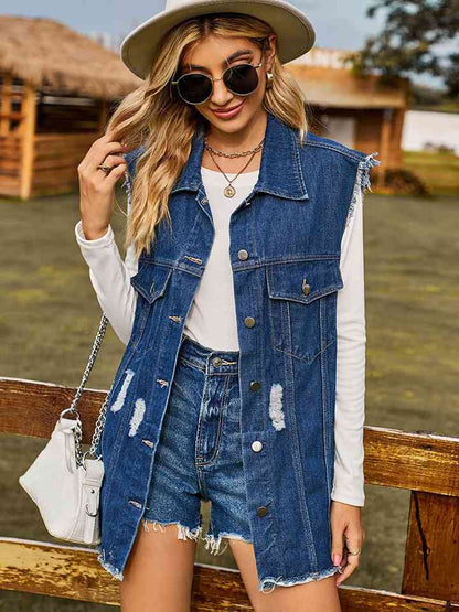 Veste en jean sans manches effet vieilli