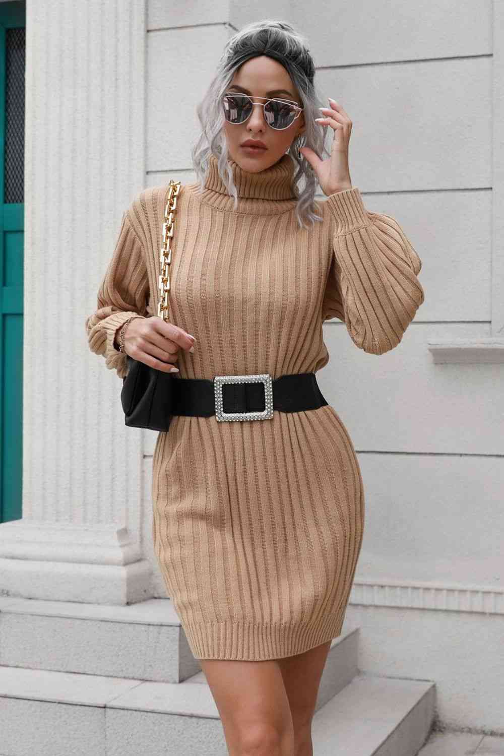 Ribbed Turtle Neck Long Sleeve Mini Sweater Dress