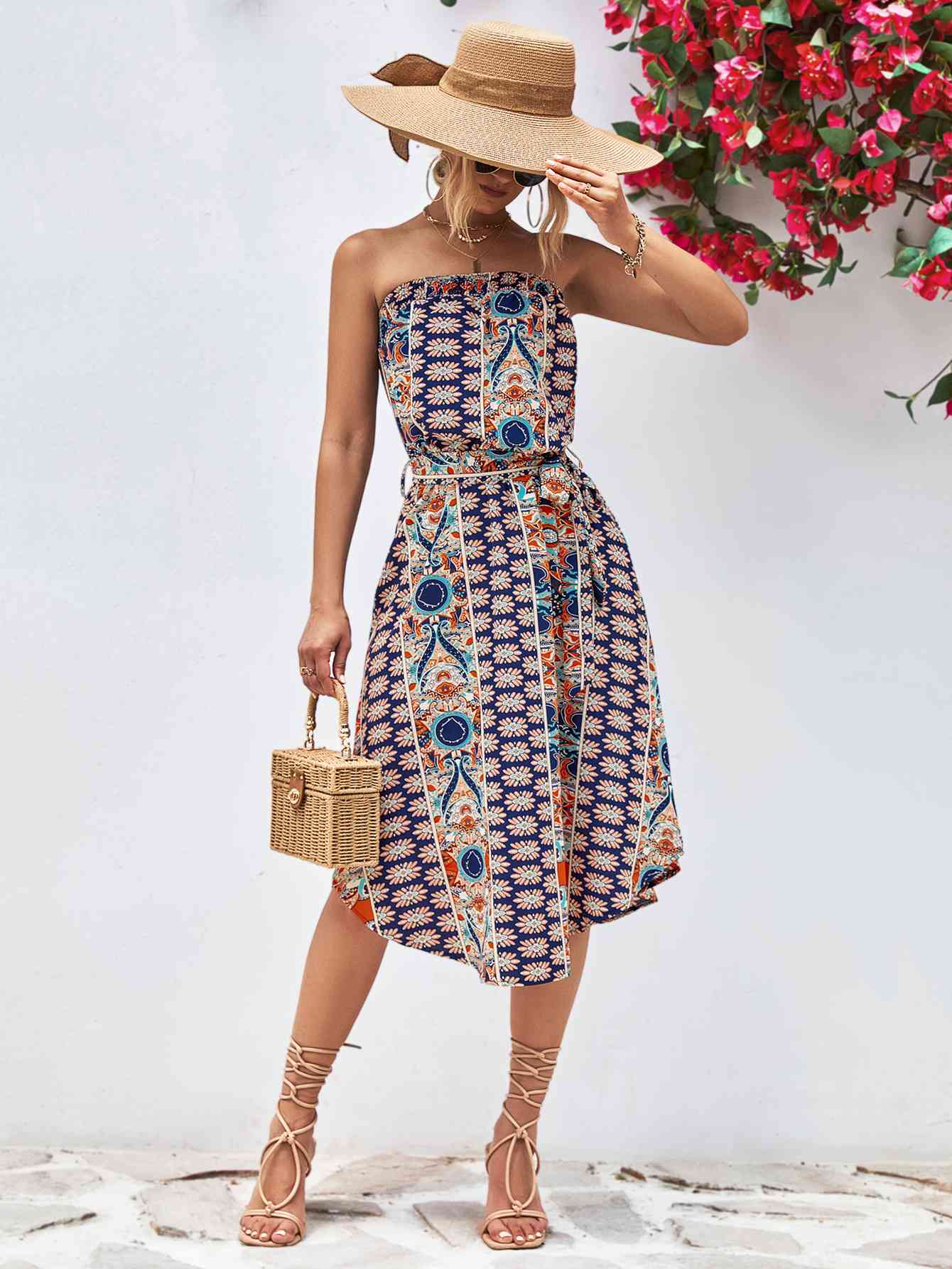 Printed Strapless Tie Belt Dress