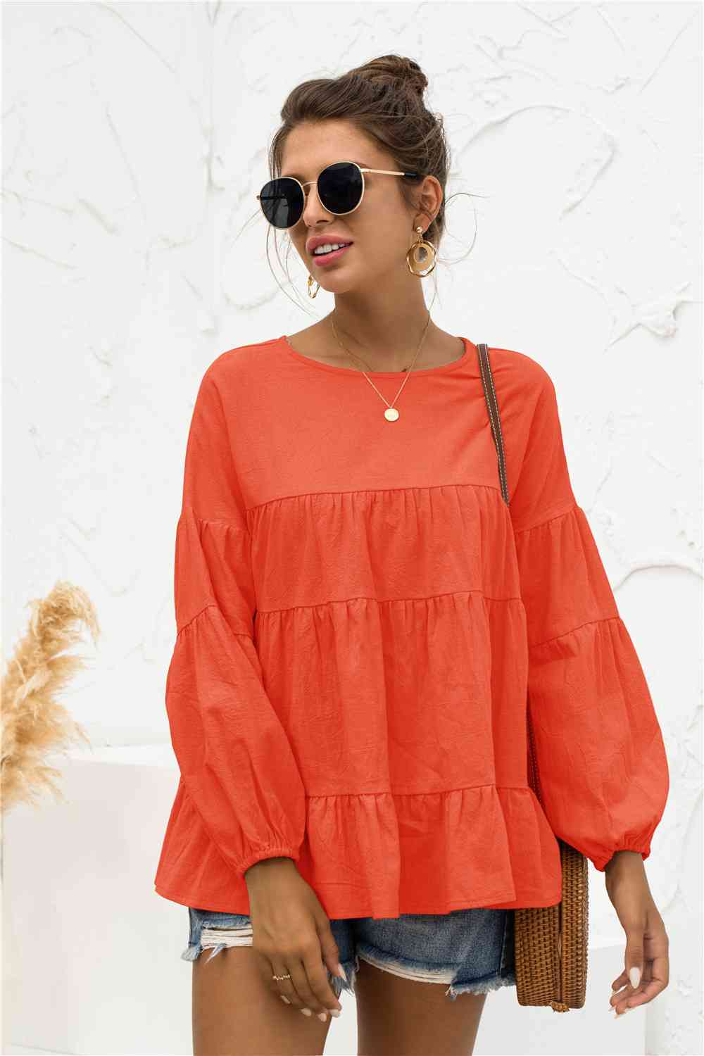 Round Neck Bubble Sleeve Tiered Blouse