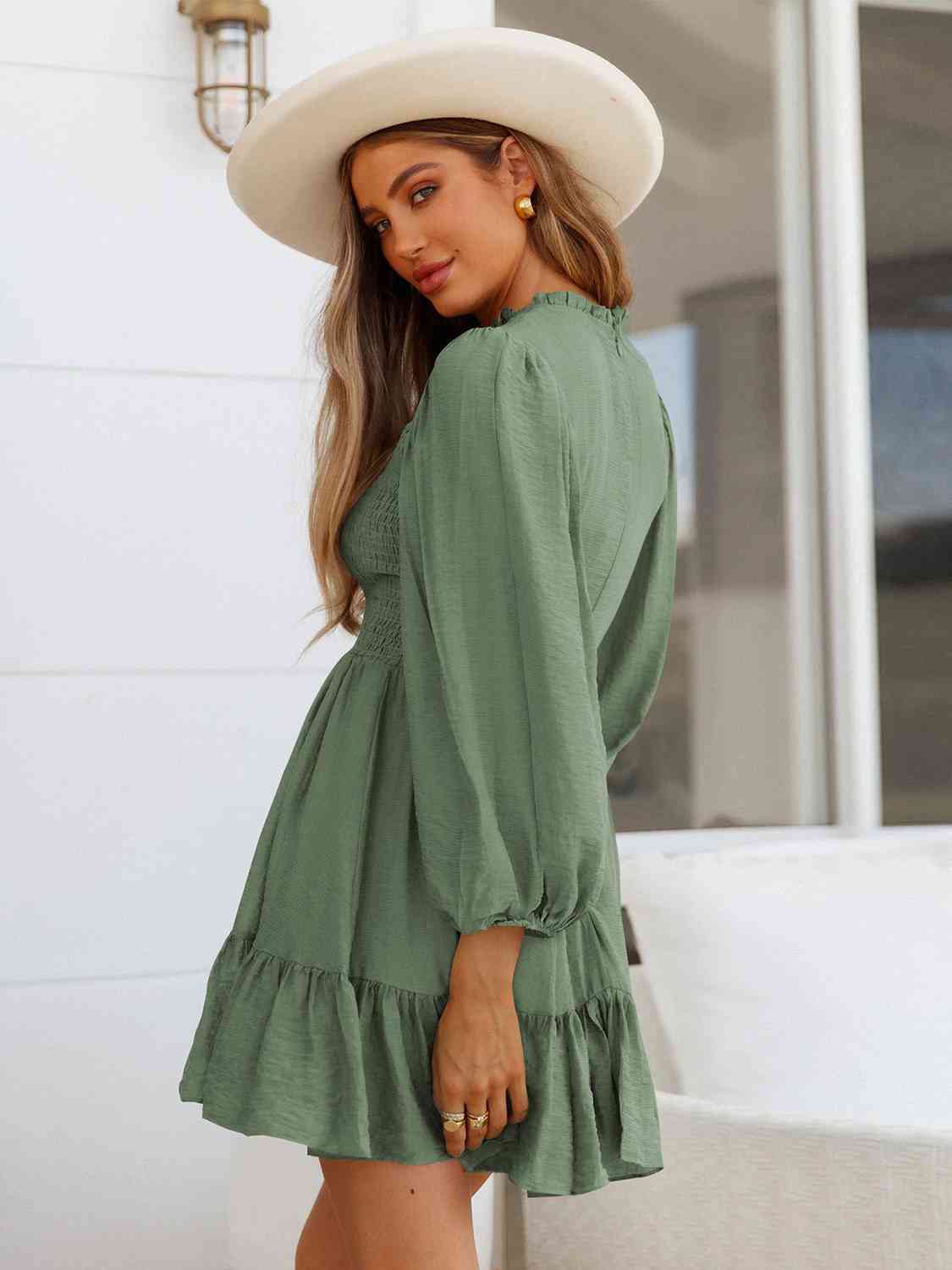 Round Neck Puff Sleeve Smocked Dress