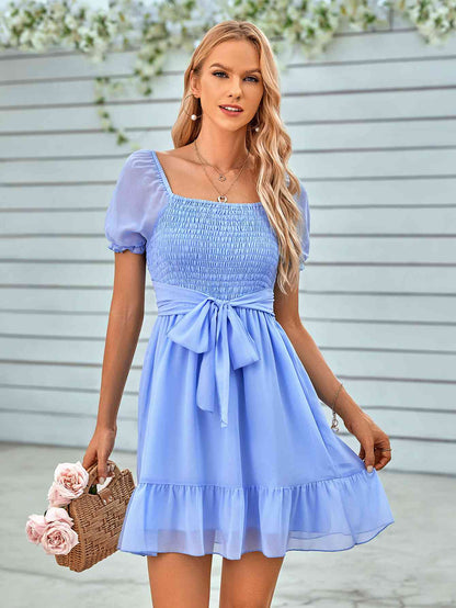 Tied Ruffle Hem Smocked Reversible Dress