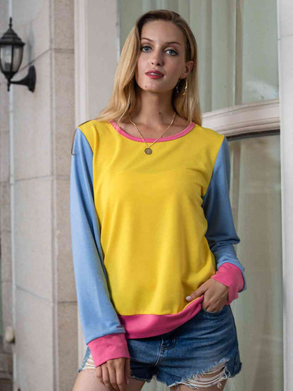 Contrast Round Neck Long Sleeve Top