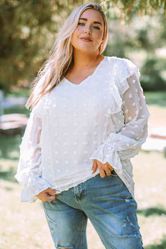 Plus Size Swiss Dot Ruffled Blouse