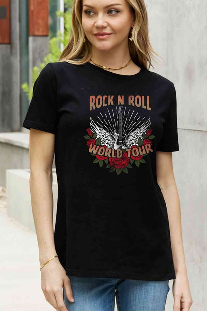 Camiseta de algodón con gráfico ROCK N ROLL WORLD TOUR de tamaño completo de Simply Love