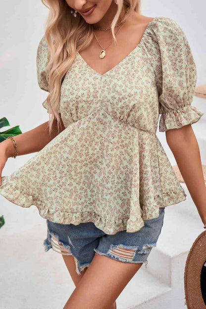 V-Neck Flounce Sleeve Blouse