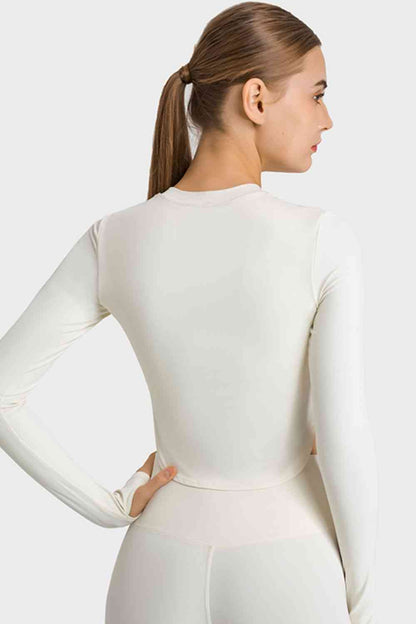 Side Slit Long Sleeve Round Neck Crop Top