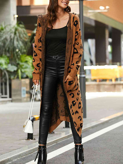 Leopard Hooded Cardigan with Pockets