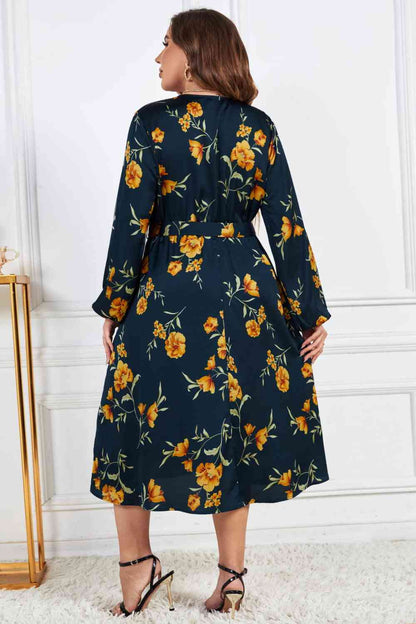 Melo Apparel Robe mi-longue à imprimé floral et col surplis de grande taille