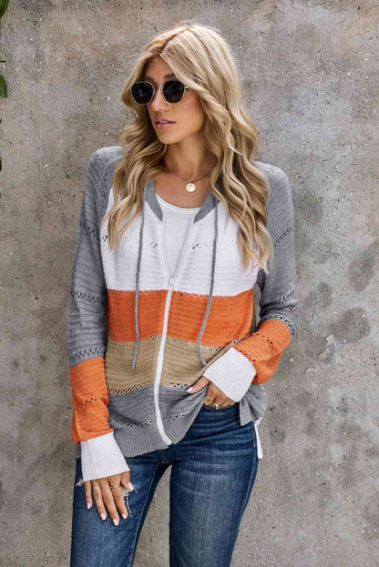 Cardigan zippé à capuche ajouré et manches raglan